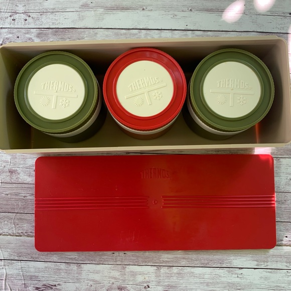 Vintage Thermos Insulated Jars #1155/3 Red Green Picnic Slide Lid Container - Picture 2 of 12